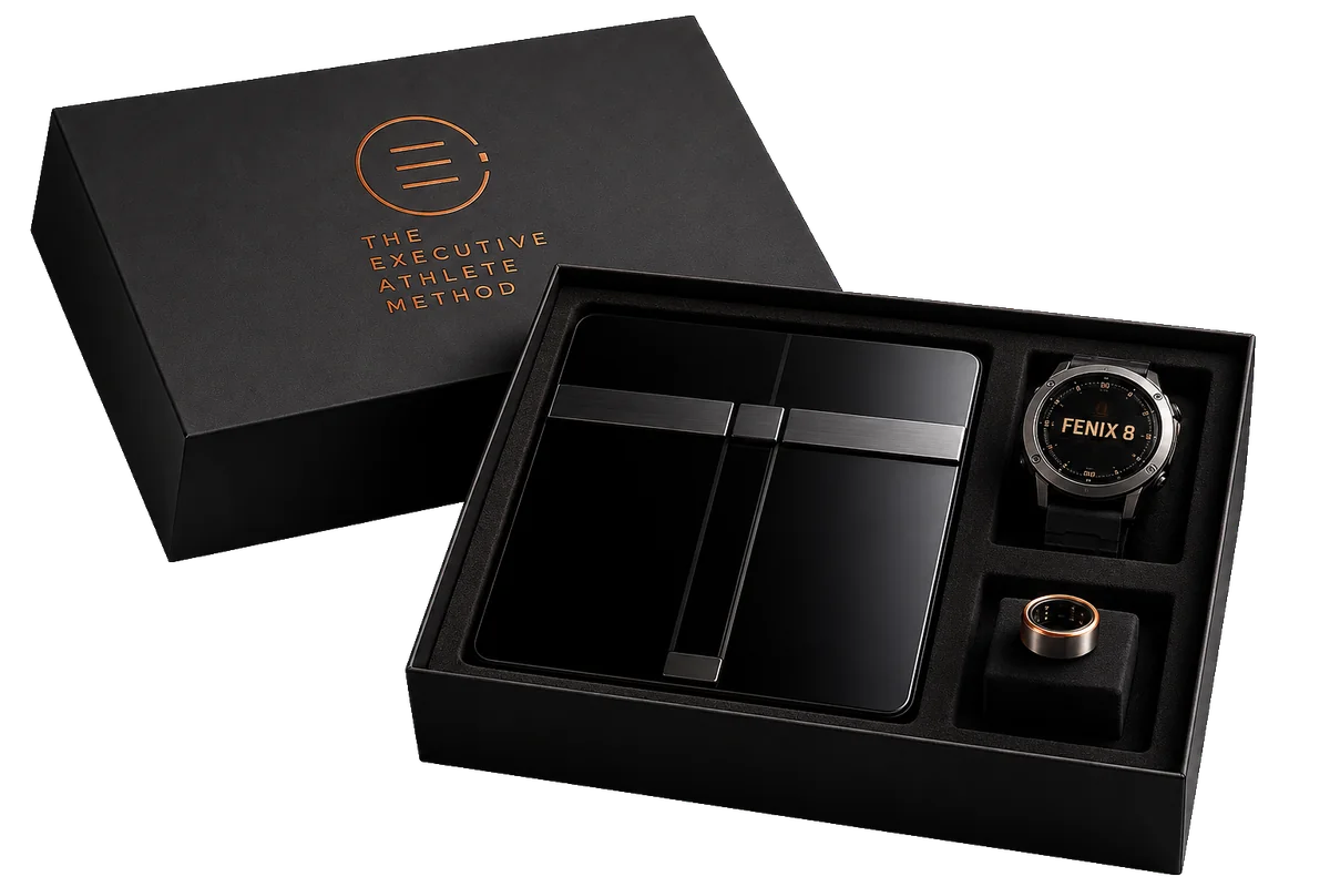 The T.E.A.M. delivery box — matte black with the orange logo, opened to reveal a Withings Body Scan, a Garmin Fenix 8 watch and an Oura Ring 4