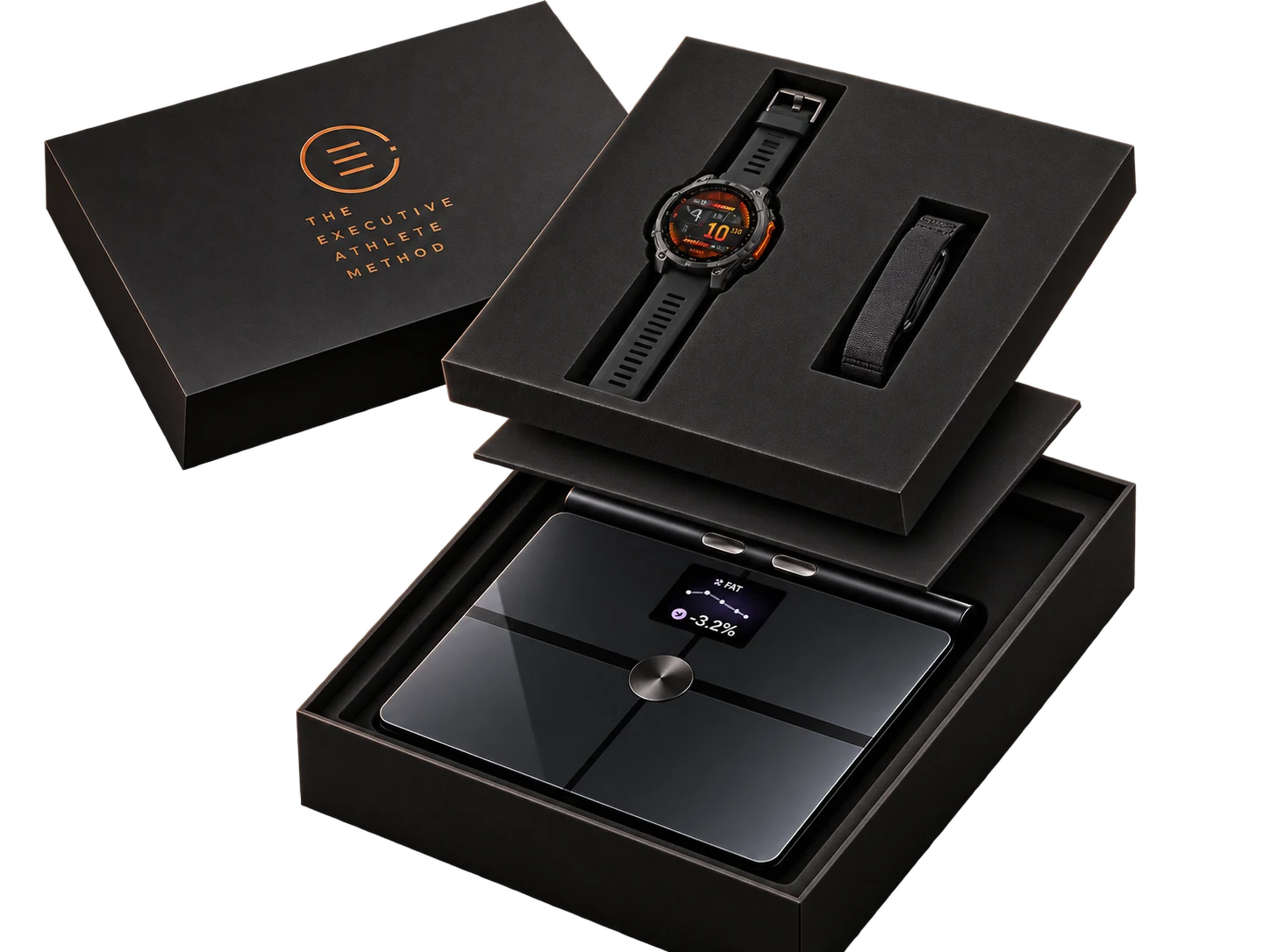 The T.E.A.M. delivery box — matte black with the orange logo, opened to reveal a Withings body composition scale, a Garmin Fenix 9 watch and a Garmin CIRQA band