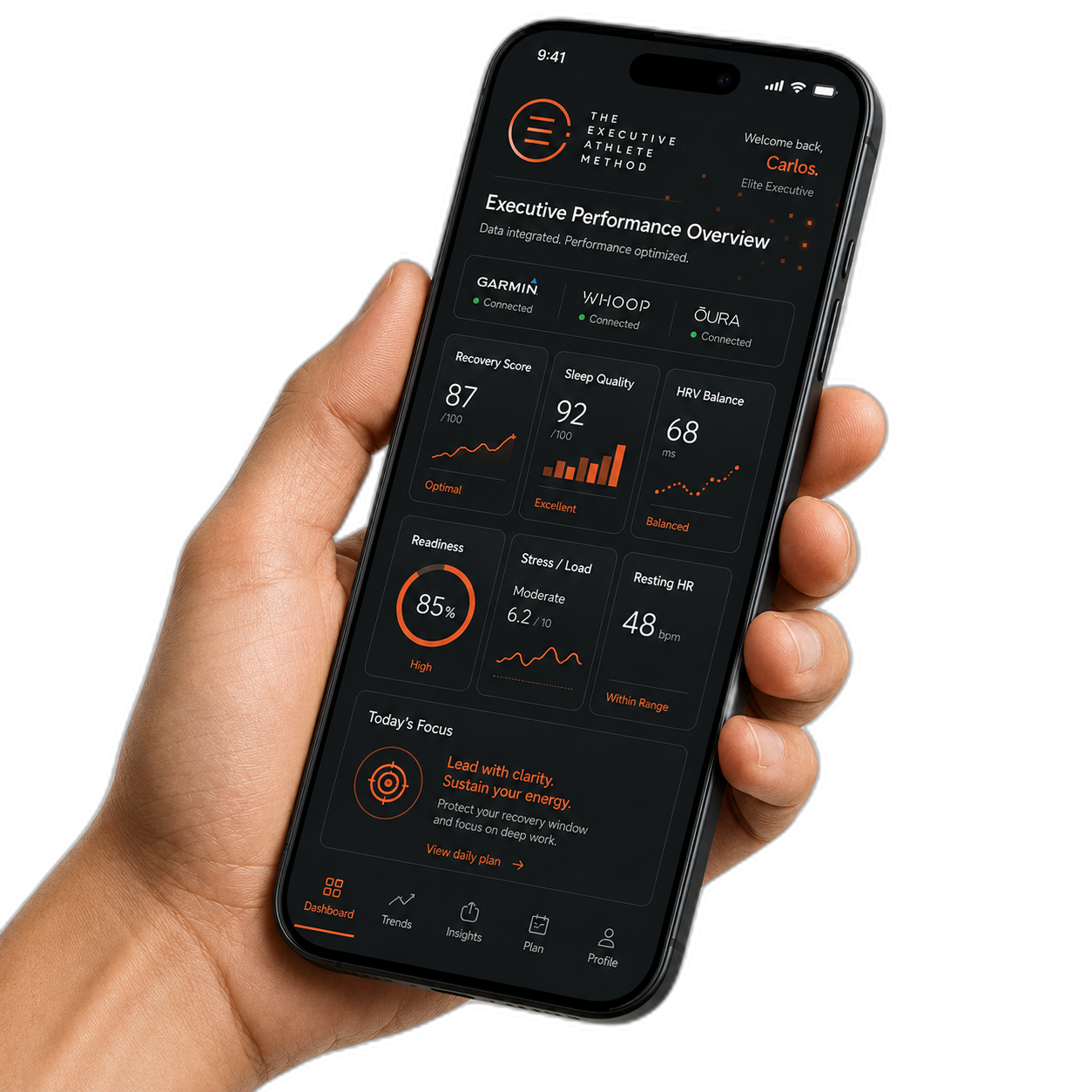 A hand holding a phone showing the T.E.A.M. performance dashboard — recovery score, sleep quality and HRV balance